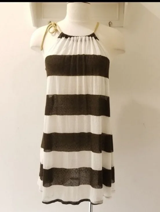 Vitamin A Brown & White Stripe High Neck Sleeveless Cover Up Dress Sz M NWT $138